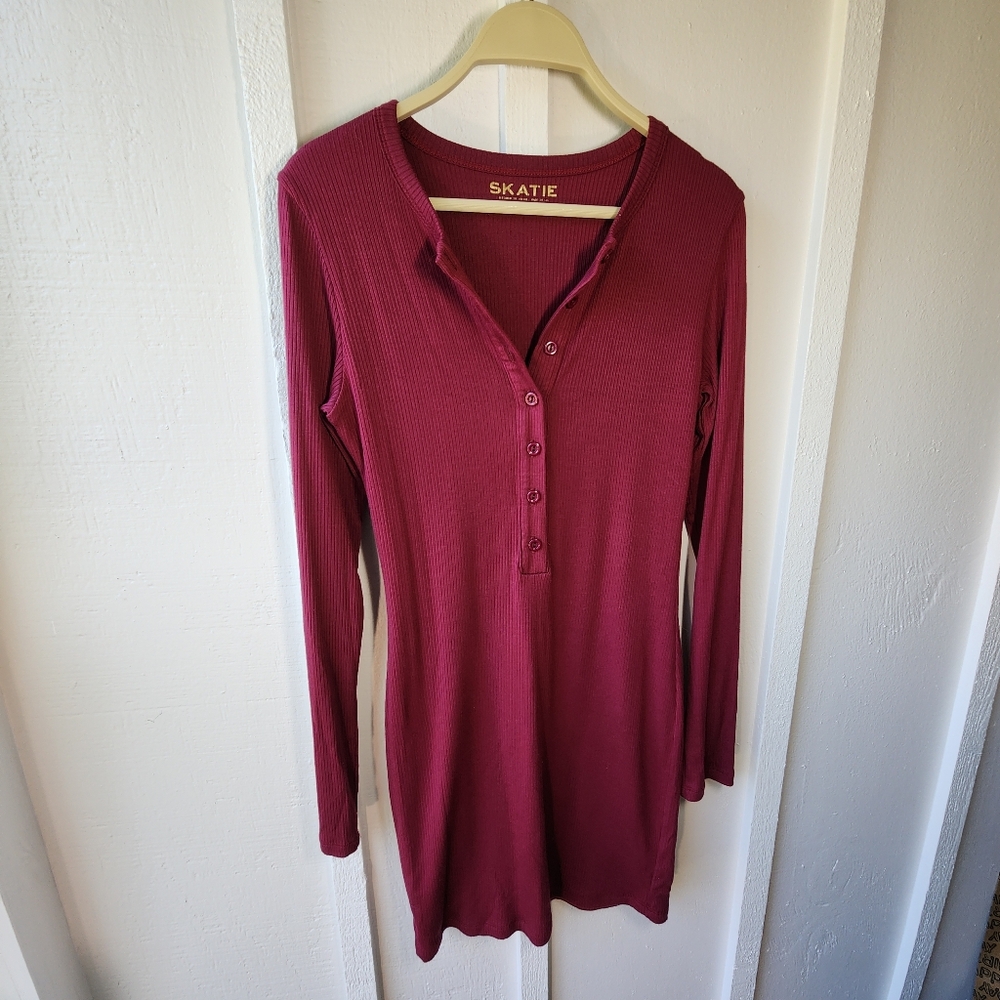 Skatie Women's Burgundy Long Sleeve Dress Bodycon Size Large
